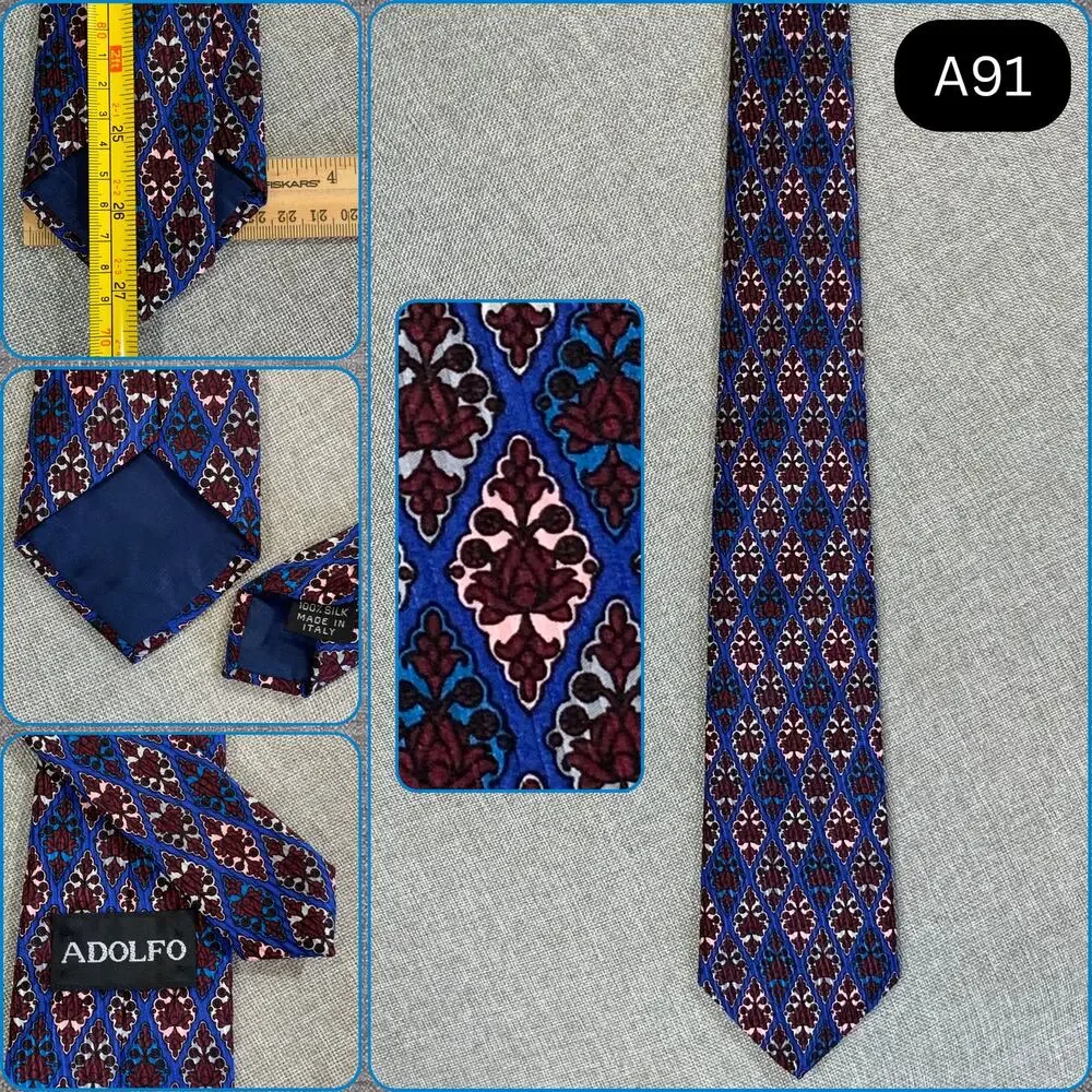 Adolfo Silk Necktie Blue Burgundy Medallion Damask Made in Italy Mens Tie